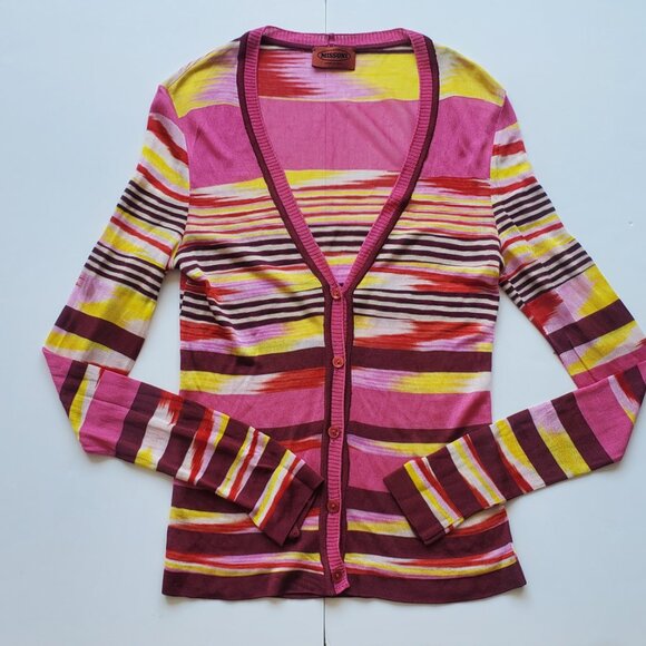 Vintage MISSONI Light Cardi Sweater Pink & Red Hues Stripes V Neck Button Down - Picture 1 of 11